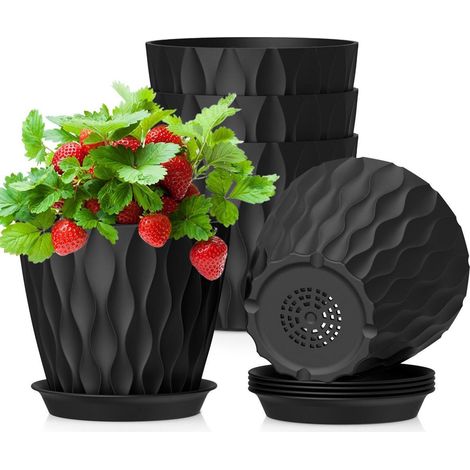 Lot de 5 pots de fleurs 12,7 cm avec soucoupes, plastique résistant, design ondulé (1/5)