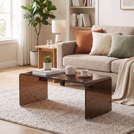 Table Basse en Verre, Table de Salon Rectangulaire Design Moderne avec Bords Arrondis Sûrs, Marron Transparent (1/5)