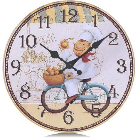 30cm Horloge Murale Cuisine Bois Vintage, Silencieuse Pendules Murales Chef, Retro Design sans Tic-tac Déco pour Restaurant,Salle a Manger,Boulangerie