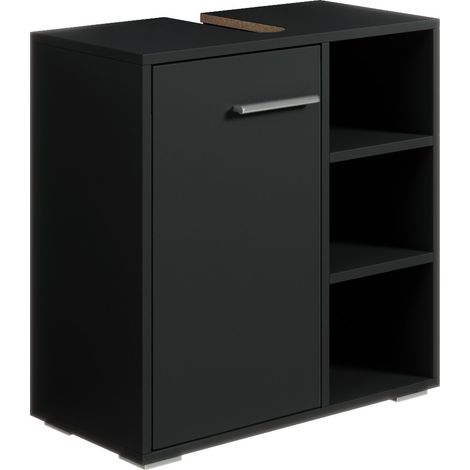 Badplaats – Meuble sous lavabo 60 x 28 x 60 cm – Noir mat – 1 porte et 3 niches ouvertes – Découpe siphon – Montage facile