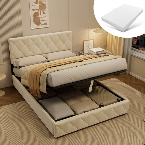 Cama 140x200 cm Tapizada Terciopelo Beige, Diseño Moderno Atemporal, Estructura Estable con Listones de Madera, Capacidad 250 kg - Confort Óptimo (1/5)