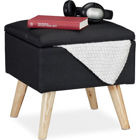 Relaxdays Taburete Bajo, Puff Asiento Almacenaje, Baúl Almacenamiento, 1 Ud., Madera-Tela, 40 x 40 x 40 cm, Negro