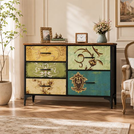 WUMAGIN - Commode 5 tiroirs - 100x68x29cm - Design de style rétro européen - Bois massif - Idéal pour les salons, les chambres, les bureaux et les espaces de travail