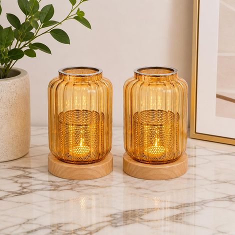 Lot de 2 Lanterne Bougie Ambré Nervuré avec Socle en Bois Ventilé, Porte Bougie avec Pince et Filet Métallique, Bougeoir Verre Séparable pour Décoration Salon, Jardin, Mariage (6x6x14cm) (1/5)