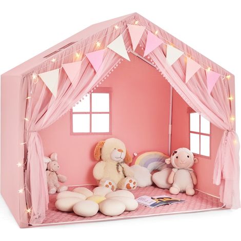 Tente de Jeux Enfant avec Rideaux en Tissu & Moustiquaire, Cabane Enfant Intérieure avec Guirlandes Lumineuses Étoiles, pour 3 Ans+, Rose (1/5)