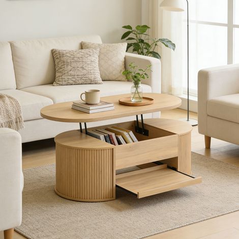 Table basse ovale avec plateau relevable 110x55x40 cm décor chêne (1/5)