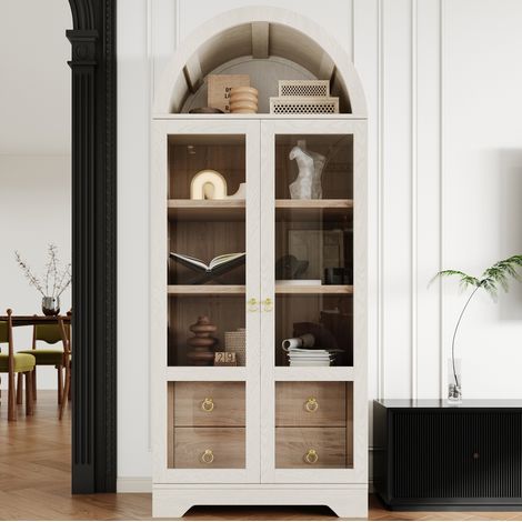 Credenza alta 76,2 x 40,1 x 180 cm con ante in vetro trasparente, cassetti e spazio contenitore, MDF - bianco (1/5)