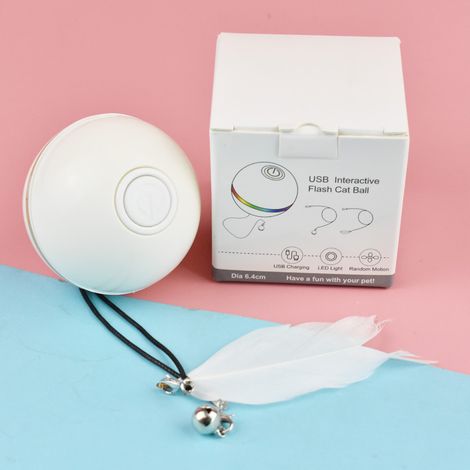 Jouet pour chat en deux parties, balle interactive pour chat avec lumière LED et jouet d'herbe à chat d'intérieur, rotation automatique à 360 degrés et chargement USB (blanc) (1/2)