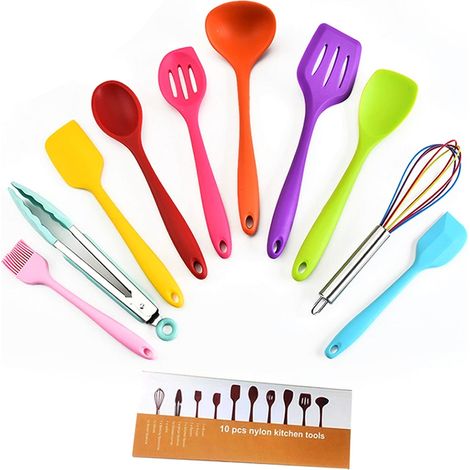 Lot de 10 spatules cuisine, silicone résistant chaleur, ustensiles antiadhésifs, outils cuisson polyvalents (1/5)