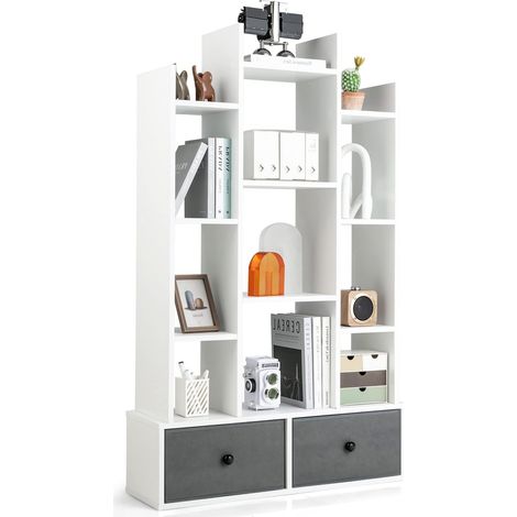 Bibliothèque en Forme d'arbre, étagère sur Pied avec tiroirs, étagère à 12 Compartiments, étagère de Rangement pour Salon, Chambre à Coucher, 53 x 24 x 118 cm (Blanc) (1/5)