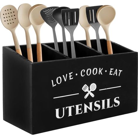 Porte-ustensiles de cuisine avec 3 compartiments, rangement pour ustensiles de cuisine, ustensiles de cuisine, rangement pour couverts, cuillères, spatules - Noir (1/5)