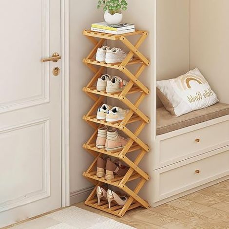 Vertikales schmales Schuhregal, 7 Etagen, tragbar, zusammenklappbar, ohne Installation, freistehendes Schuhregal für Korridore, Schlafzimmer, Wohnzimmer, Ecke und kleine Räume (7 Tier) (1/5)