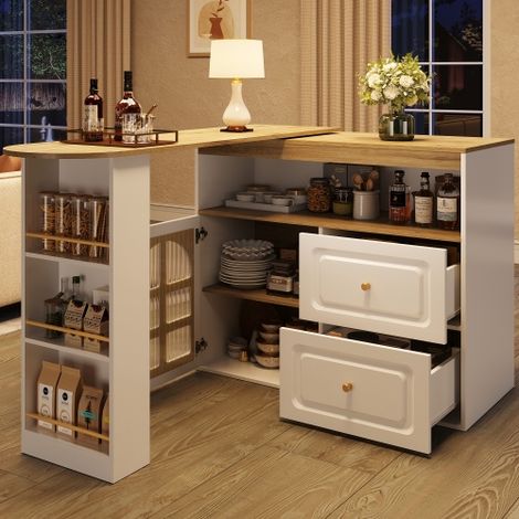 Mobile bar girevole a 360° con 2 cassetti, ripiano snack, ripiani e vetro curvo, bianco, 138x39x104 cm