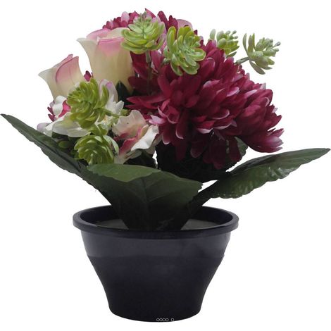 Vasque de Dahlia, Chrysantheme, mini fleurs Bourgogne artificiels pour la toussaint - couleur: Bourgogne