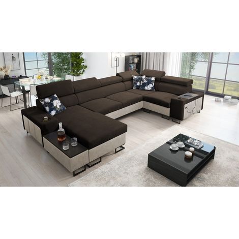 Großes Ecksofa für das Wohnzimmer mit Bar und Schlaffunktion MELODY IV MINI Tauro/Freya Beige/Braun (1/5)