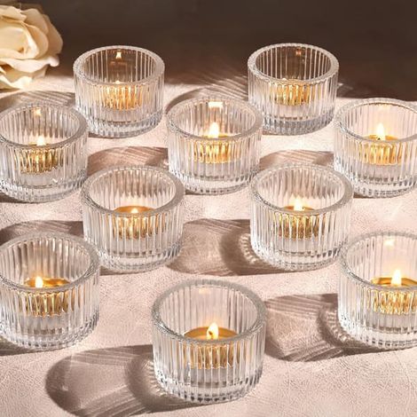 Lot de 12 photophores en verre transparent, élégants contenants pour bougies votives (5 cm x 3,5 cm) pour décorations de mariage et fêtes (12 pièces). (1/5)