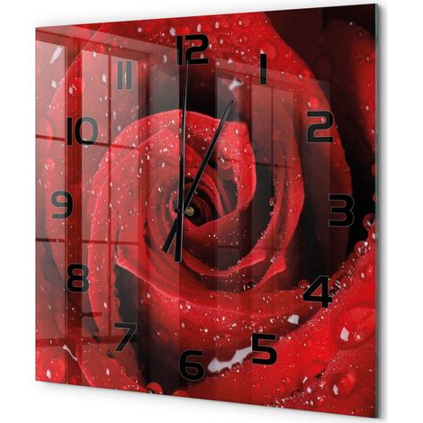 Grande Horloge Murale Carrée Originale en Verre Silencieuse Design Moderne Salon Gouttes sur la rose 60x60 cm (1/5)