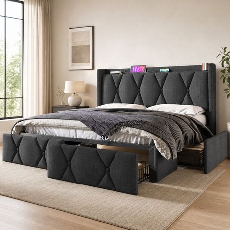 DESMIU Lit coffre 140 × 200 cm 2 places avec 4 tiroirs, USB, prises, sans matelas, gris (1/5)