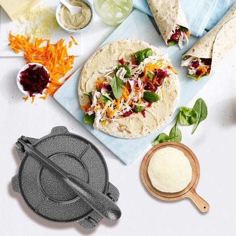 Pressa per tortilla in ghisa da 16,5 cm, con manico pieghevole e accessori in alluminio, compatta e facile da usare per preparare tortilla, chapati e focacce fatte in casa. (1/3)