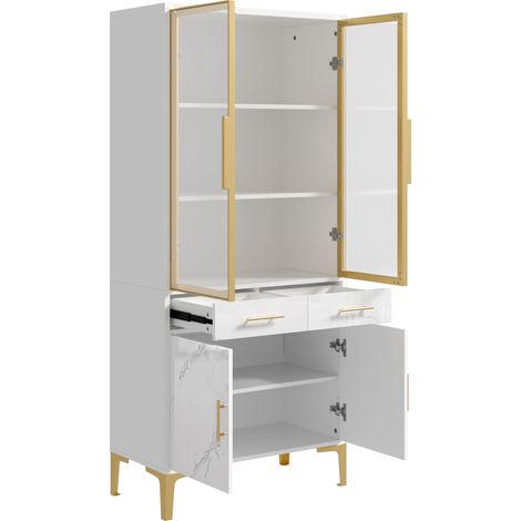 Hohe weiße Vitrine mit Glastüren, APP-LED, Marmoroptik, 2 Schubladen, Metallfüße (1/5)