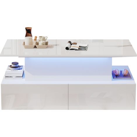 Mesa de centro elevable con LED, blanco brillo, 4 cajones, 90 x 55 x 41 cm, HOMVRA (1/5)
