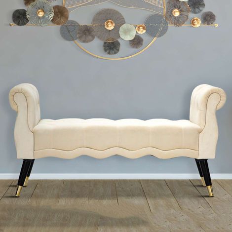 Panca Humahu, en Velluto, con Reposabrazos y Detalles Dorados, Estructura de Tela, Asiento Color Blanco, 120x40x60h cm Blanco Crema (1/5)
