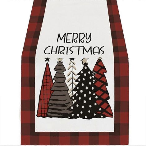 Chemin de table d'hiver à carreaux rouges et noirs, motif sapins de Noël, pour la table de cuisine ou de salle à manger. (1/5)