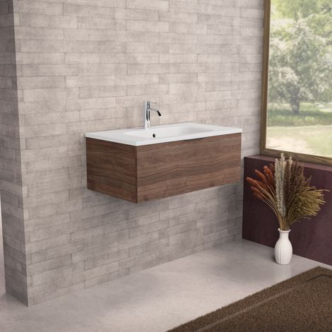 Inda - Meuble de salle de bain L.80 avec vasque mate / Chêne brun (1/5)