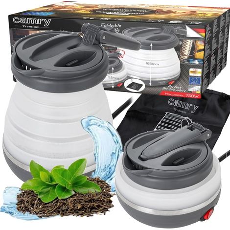 Bollitore da viaggio pieghevole da 0,6 litri e 750 W con corpo in silicone e custodia per il trasporto.