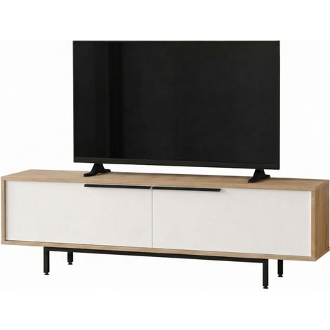 Meuble TV 65 Pouces 2 Portes 2 Niches Chêne et Blanc L 160 H 45.1 P 35.5 cm (1/5)