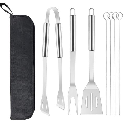 Lot de 7 ustensiles de barbecue Fourchette à barbecue Pinces à barbecue Spatule Baguettes En acier inoxydable Avec sac de transport Pour le jardin et (1/4)