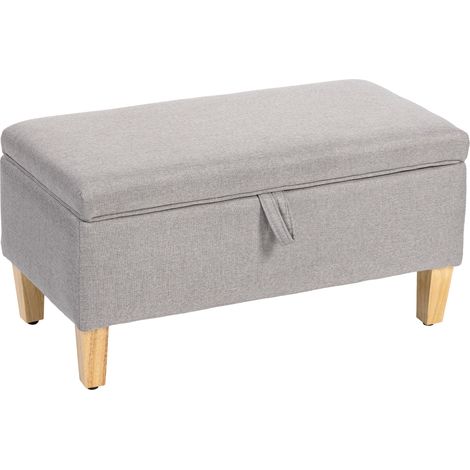 30L Light Grey Linen Storage Ottoman with Rubberwood Legs,Padded Footstool for Shoes,Bed End Seating,and Storage Box