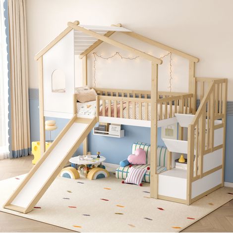 Lit mezzanine 140 x 200 cm cabane en pin marron avec toboggan et rangements (1/5)