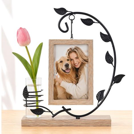 Cadre Photo en Bois avec Vase en Verre pour Culture Hydroponique cadre double, décoration vintage, feuilles de vigne en métal noir, maison, mariage, fête (1/5)