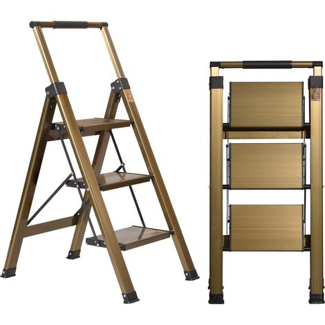 Escabeau 3 Marches avec Main Courante Télescopique, Échelle Pliante en Aluminium jusqu'à 150 kg, Marchepied Domestique Antidérapant et Gain de Place pour Cuisine, Maison et Bureau (1/5)