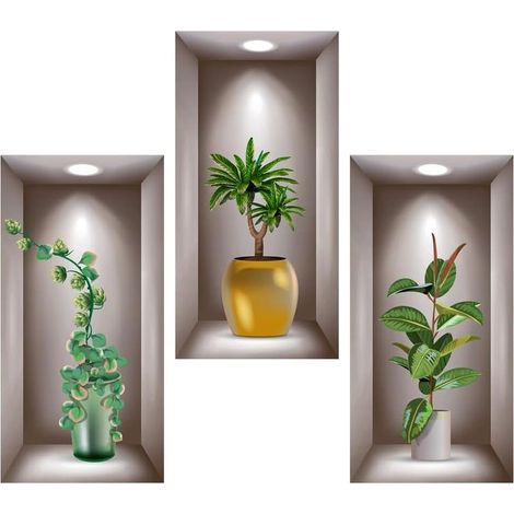 pièces vases de salon 3D plantes vertes stickers muraux 40x20cm (1/5)
