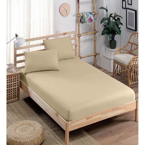 Drap-housse (180 x 200 cm), 2 taies d'oreiller (50 x 70 cm), beige (1/2)