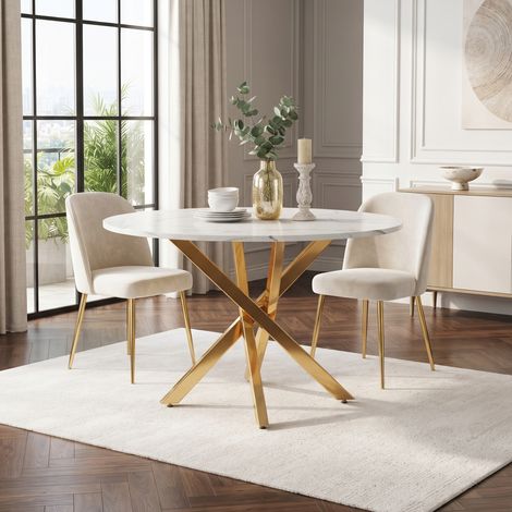 Table de salle à manger ronde (80 x 80 x 75 cm) avec plateau en marbre et pieds dorés. Peut également servir de table basse ou d'appoint. Style moderne et minimaliste, or et blanc. (1/5)