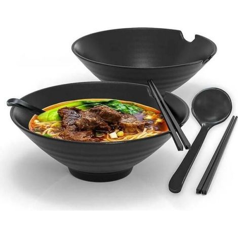 Bol À Ramen - Mélamine Noir 1000 Ml Avec Encoches Pour Baguettes - Service Table Japonais - Lot De 2 (1/5)