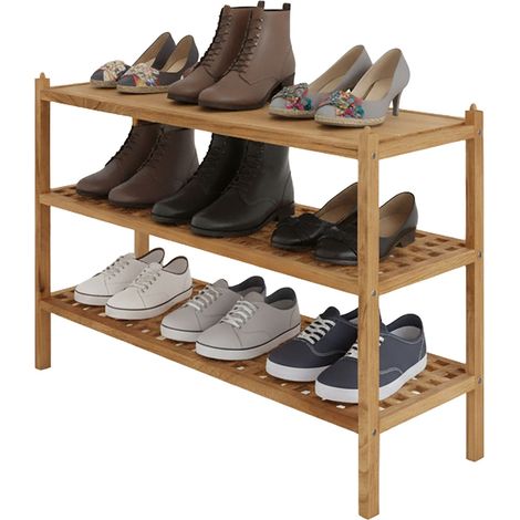 Relaxdays zapatero madera de nogal, 9 pares, 3 estantes, 46 x 69 x 26 cm, apilable, natural