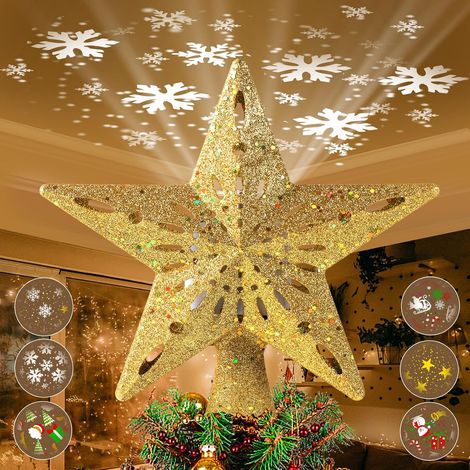 Weihnachtsbaumspitze, Sternenlicht mit 3D-rotierendem Schneeflockenprojektor, 2-in-1-Glitzer-Goldstern-LED-Lichter für die Dekoration von Zuhause, Feiertagen und Partys (1/5)