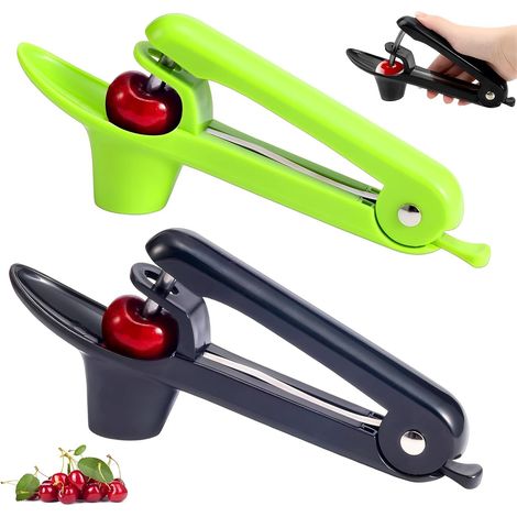 Lot 2 dénoyauteurs cerises MOAZIFI inox ABS silikon vert noir qualité alimentaire sécurité enfants (1/5)