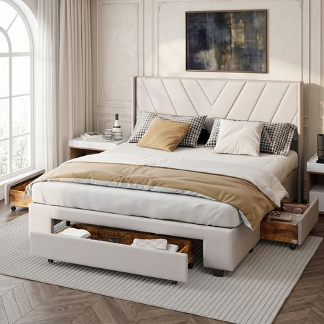 BLANKETSWARM - Lit double rembourré 140 x 200 cm, lit adulte 140x200 avec 3 tiroirs, lit capitonné avec tête de lit, Lin Beige (1/5)