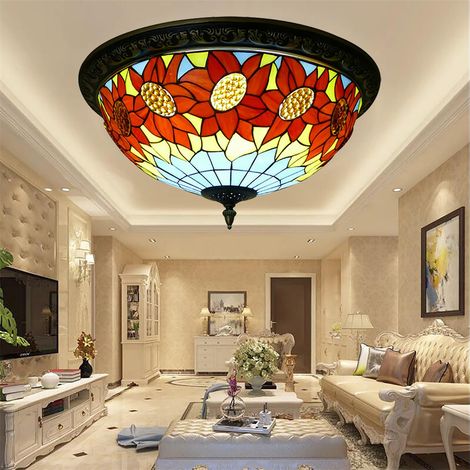 Plafonnier AUTRUCKER Premium en verre Tiffany - Vitrail floral, cadre en bronze, pour chambre, cuisine, couloir - 50 cm (1/5)