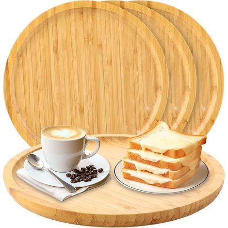 Plateau de Service en Bambou, Plateau Rond Bois Dessous Verre 20 x 20 x 1.5 cm, Plateaux Bambou Rond pour Thé Nourriture Plantes (1/5)