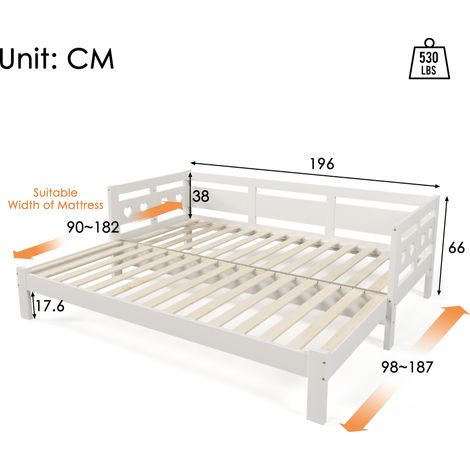 Lit escamotable jour-nuit 90x190 cm en pin massif blanc, avec 2 couchages et sommier à lattes en forme de cœur (1/5)