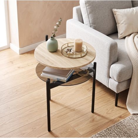 Table d’appoint ronde 41,8 x 39,8 x 53,5 cm avec tablette en verre, bois chêne et métal noir (1/5)