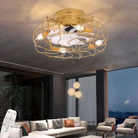 Cage Lustre avec Ventilateur de Plafond Télécommande Ampoule E27 50CM Ventilateur Plafond avec Lumière Vintage Fer 6 Vitesse Silencieux DC doré Réversible Chambre App Industrielle [Classe énergétique (1/5)