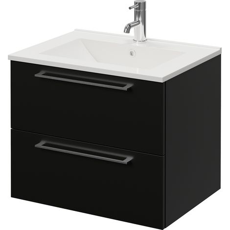 Napoli 460 Matt Black 600mm Wall Mounted 2 Drawer Vanity Unit with Angel Basin - 600mm - Chrome 320mm Handle