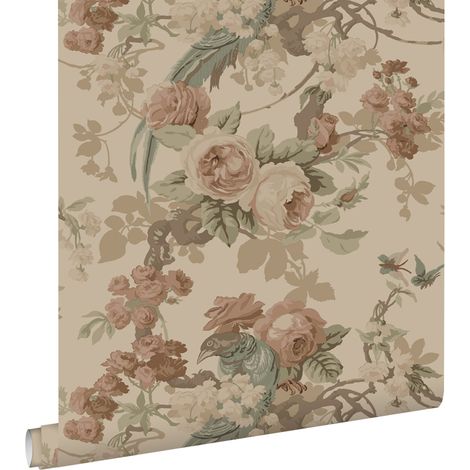 papier peint fleurs et oiseaux beige - ESTAhome (1/5)